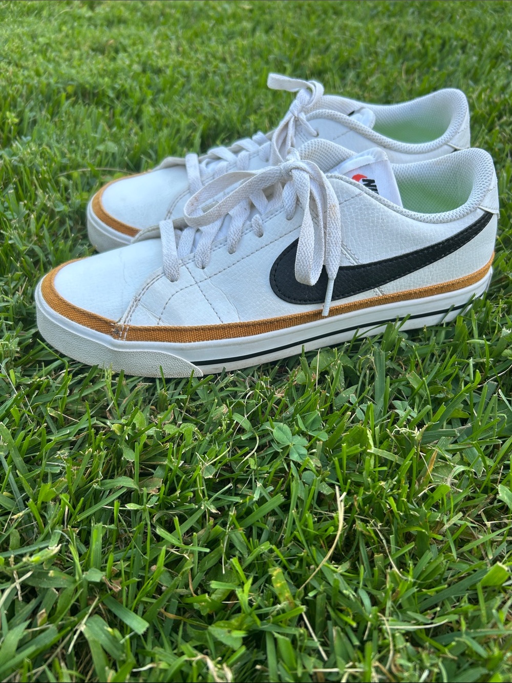 Nike court legacy White Sneakers with Black Swoosh and Tan Trim - Picture 2 of 5
